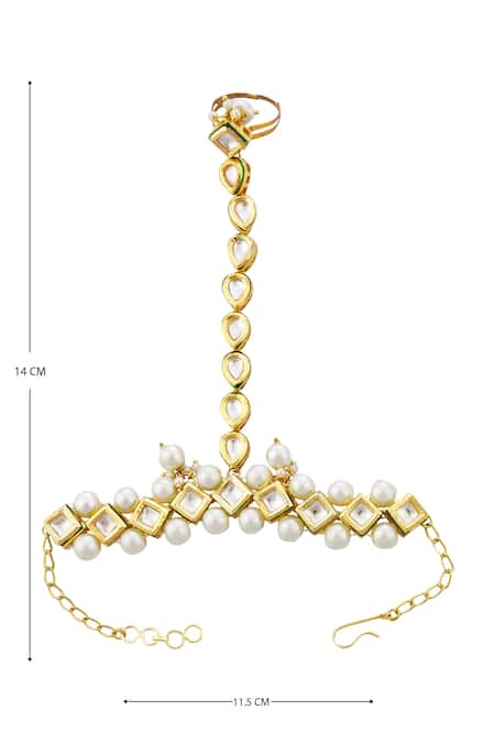 Just Shradhas_Gold Plated Pearls, Beads Kundan Hathphool - Set Of 2 _at_Aza_Fashions