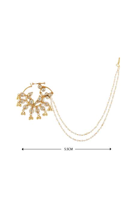 Shop Just Shradhas Gold Plated Pearl Carved Nath Nose Pin at Aza Fashions Shop_Just Shradhas_Gold Plated Pearl Carved Nath Nose Pin_at_Aza_Fashions