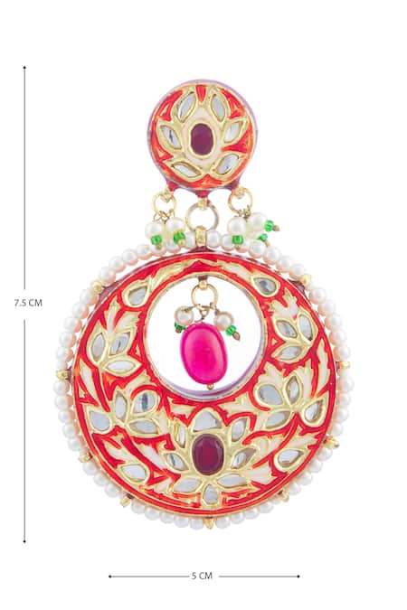 Just Shradhas_Gold Plated Pearls, Beads, Gota Patti Kundan Enamel Circular Danglers _at_Aza_Fashions