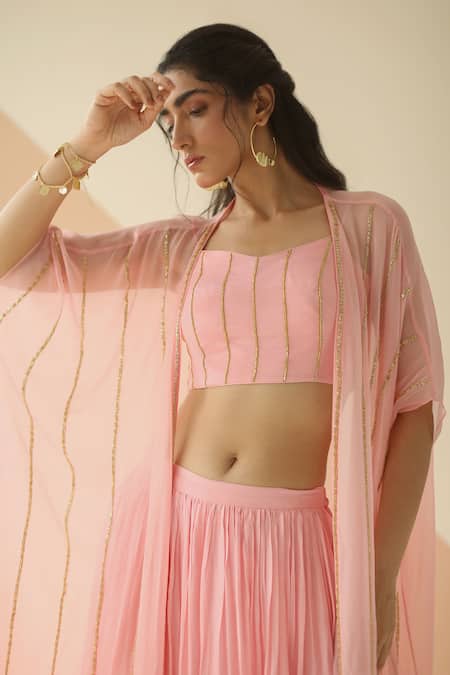 EASE_Pink Crepe, Viscose Organza Sweetheart Neck Embroidered Jacket Sharara Set_Online_at_Aza_Fashions