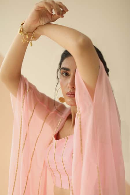 Shop_EASE_Pink Crepe, Viscose Organza Sweetheart Neck Embroidered Jacket Sharara Set_Online_at_Aza_Fashions