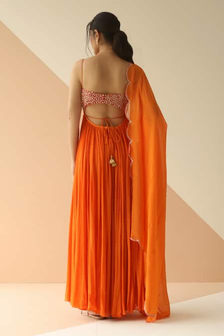 Shop_EASE_Orange Crepe, Viscose Organza V Neck Embroidered Anarkali With Dupatta _at_Aza_Fashions