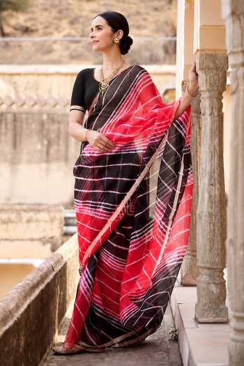 Shop_Geroo Jaipur_Black Silk Round Neck Leheriya Stripe Pattern Saree With Blouse _Online_at_Aza_Fashions
