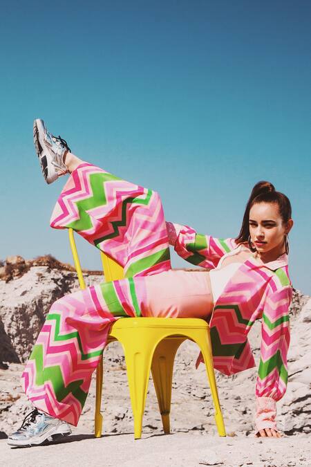 Shloka Sudhakar Pink Chinnon Crepe Silk Embroidery Printed Blazer And Flared Pant Set Online at Aza Fashions Shloka Sudhakar_Pink Chinnon Crepe Silk Embroidery Printed Blazer And Flared Pant Set _Online_at_Aza_Fashions