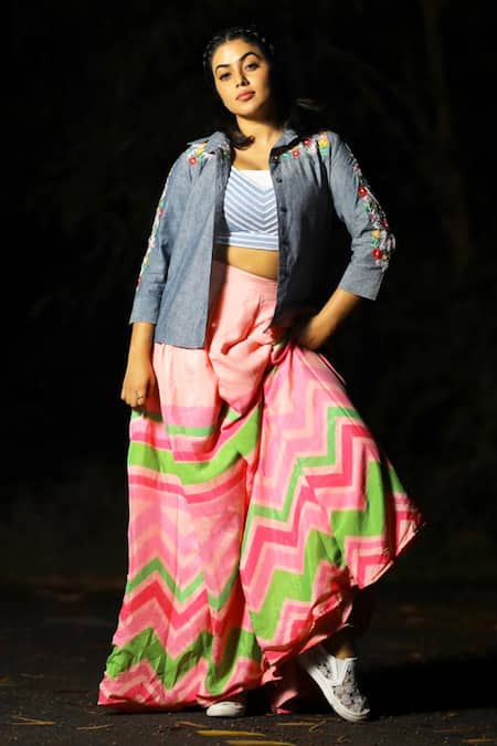 Shop_Shloka Sudhakar_Blue Denim, Chinnon Crepe Silk V Neck Printed Lehenga Set _at_Aza_Fashions