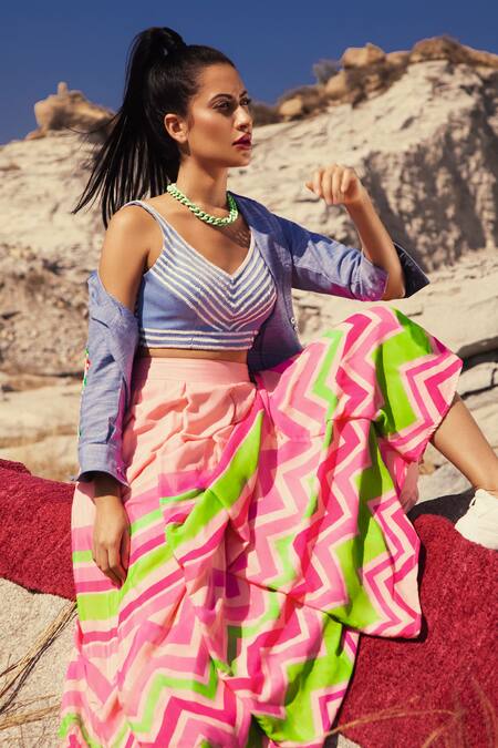 Shloka Sudhakar Blue Denim, Chinnon Crepe Silk V Neck Printed Lehenga Set Online at Aza Fashions Shloka Sudhakar_Blue Denim, Chinnon Crepe Silk V Neck Printed Lehenga Set _Online_at_Aza_Fashions