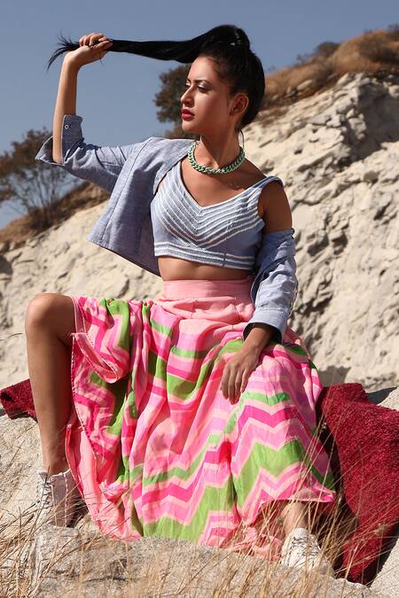 Buy_Shloka Sudhakar_Blue Denim, Chinnon Crepe Silk V Neck Printed Lehenga Set _Online_at_Aza_Fashions