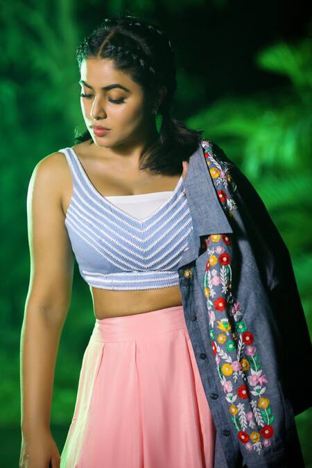 Shop_Shloka Sudhakar_Blue Denim, Chinnon Crepe Silk V Neck Printed Lehenga Set _Online_at_Aza_Fashions