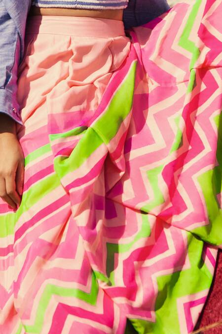 Shloka Sudhakar Blue Denim, Chinnon Crepe Silk V Neck Printed Lehenga Set at Aza Fashions Shloka Sudhakar_Blue Denim, Chinnon Crepe Silk V Neck Printed Lehenga Set _at_Aza_Fashions