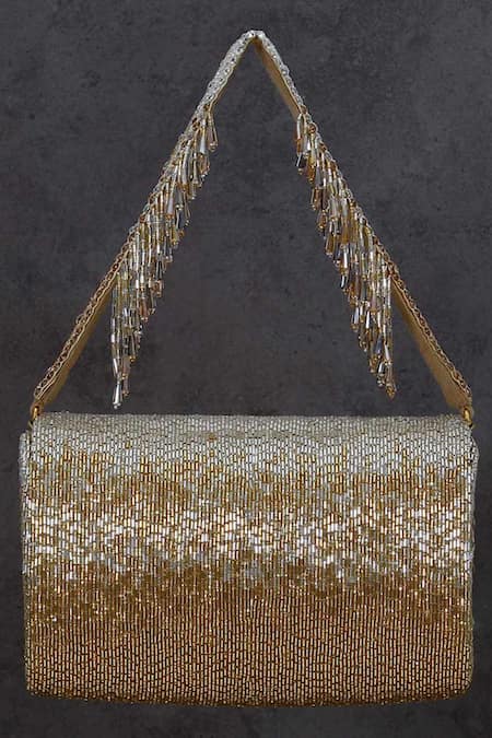 Shop Lovetobag Gold Crystals, Beads Eclat Embellished Flapover Clutch at Aza Fashions Shop_Lovetobag_Gold Crystals, Beads Eclat Embellished Flapover Clutch _at_Aza_Fashions
