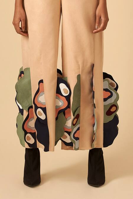 Shop Siddhant Agrawal Beige Poly Satin, Faux Suede Applique Colorblock Trouser Online at Aza Fashions Shop_Siddhant Agrawal_Beige Poly Satin, Faux Suede Applique Colorblock Trouser _Online_at_Aza_Fashions