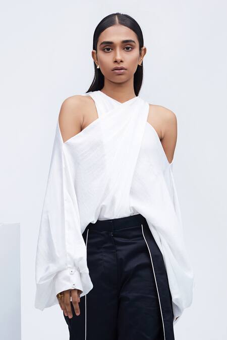 Shop_Echostudio_White Sandwash Satin V Neck Cold Shoulder Top _Online_at_Aza_Fashions