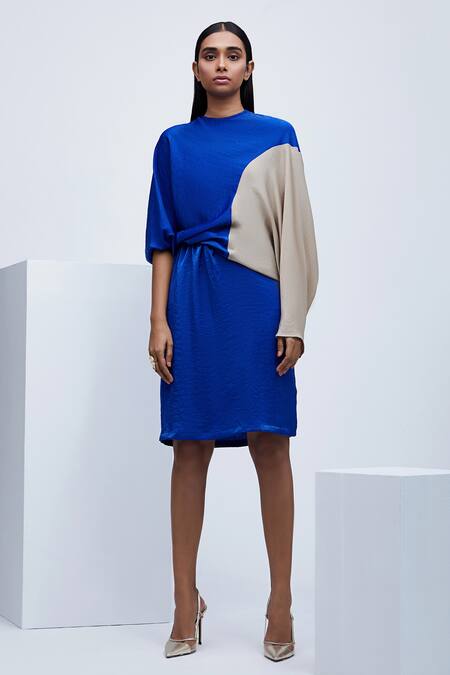 Echostudio_Beige Sandwash Satin Round Colorblock Dress _Online_at_Aza_Fashions
