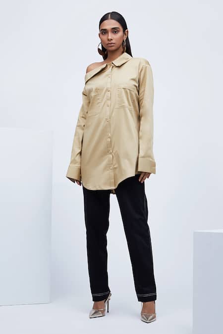 Echostudio Beige Poly Cotton One Shoulder Off Shirt 