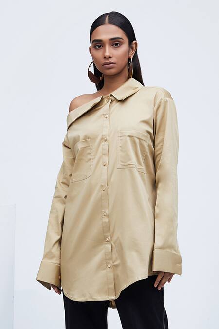 Echostudio Beige Poly Cotton One Shoulder Off Shirt Online at Aza Fashions Echostudio_Beige Poly Cotton One Shoulder Off Shirt _Online_at_Aza_Fashions