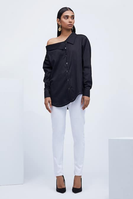 Echostudio Black Cotton One Shoulder Off Shirt 