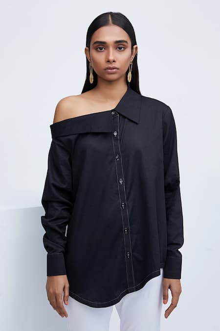 Echostudio_Black Cotton One Shoulder Off Shirt _Online_at_Aza_Fashions