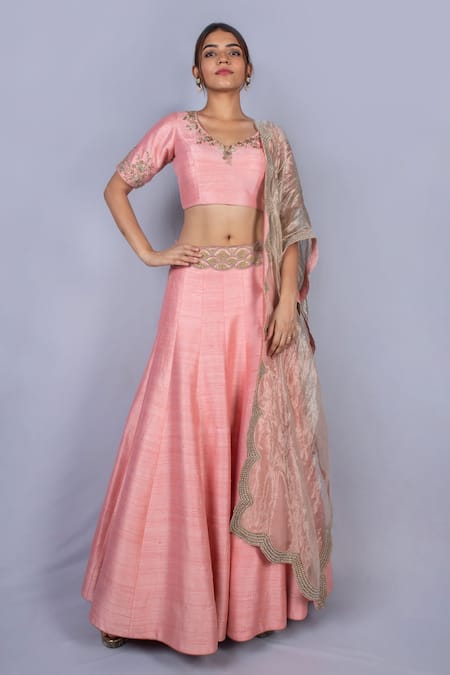 Ekru Pink Raw Silk Scoop Neck Embroidered Lehenga Set 