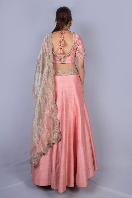 Shop_Ekru_Pink Raw Silk, Tissue Scoop Neck Embroidered Lehenga Set_at_Aza_Fashions