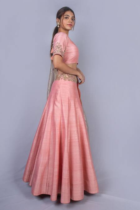 Ekru_Pink Raw Silk, Tissue Scoop Neck Embroidered Lehenga Set_Online_at_Aza_Fashions