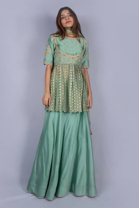 Ekru Raw Silk Kurta Lehenga Set 