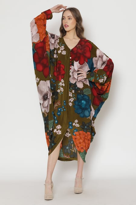 Alpona Designs By Soham Acharya Green Natural Crepe Floral V Neck Print Kaftan Dress