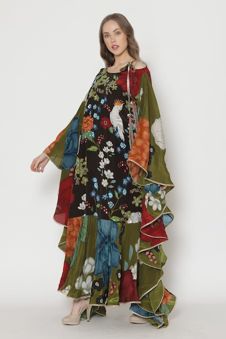 Alpona Designs By Soham Acharya_Brown Natural Crepe Bird, Floral Round Print Dress _Online_at_Aza_Fashions