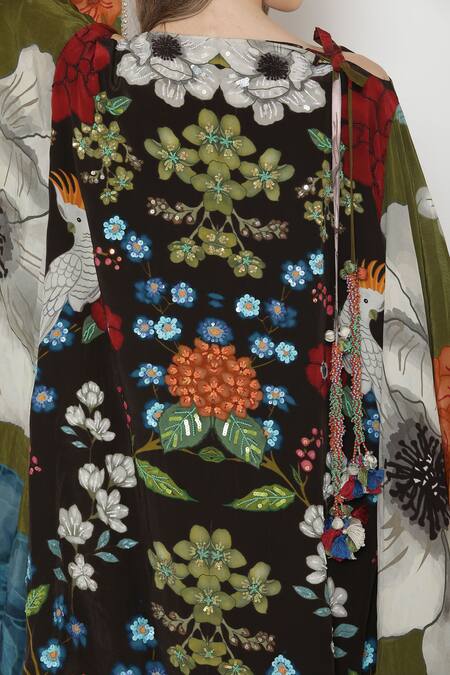 Buy_Alpona Designs By Soham Acharya_Brown Natural Crepe Bird, Floral Round Print Dress _Online_at_Aza_Fashions