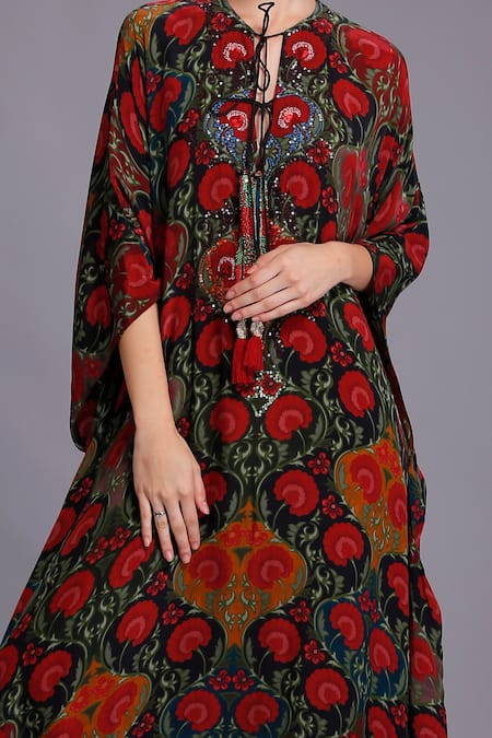 Buy_Alpona Designs By Soham Acharya_Black Natural Crepe Sequin, Ojai Round Floral Print Dress _Online_at_Aza_Fashions