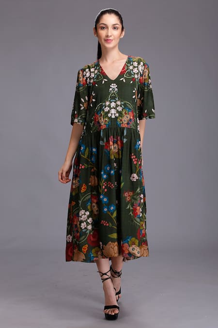 Alpona Designs By Soham Acharya Green Cotton Silk Floral V Neck Print Tiered Dress 