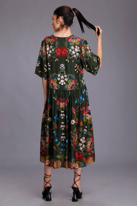 Shop Alpona Designs By Soham Acharya Green Cotton Silk Floral V Neck Print Tiered Dress at Aza Fashions Shop_Alpona Designs By Soham Acharya_Green Cotton Silk Floral V Neck Print Tiered Dress _at_Aza_Fashions