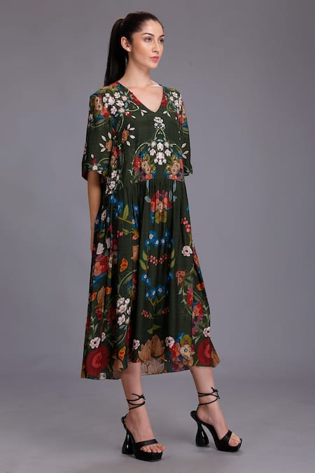 Alpona Designs By Soham Acharya Green Cotton Silk Floral V Neck Print Tiered Dress Online at Aza Fashions Alpona Designs By Soham Acharya_Green Cotton Silk Floral V Neck Print Tiered Dress _Online_at_Aza_Fashions