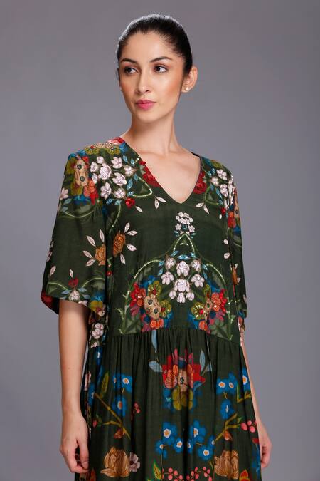 Buy Alpona Designs By Soham Acharya Green Cotton Silk Floral V Neck Print Tiered Dress Online at Aza Fashions Buy_Alpona Designs By Soham Acharya_Green Cotton Silk Floral V Neck Print Tiered Dress _Online_at_Aza_Fashions