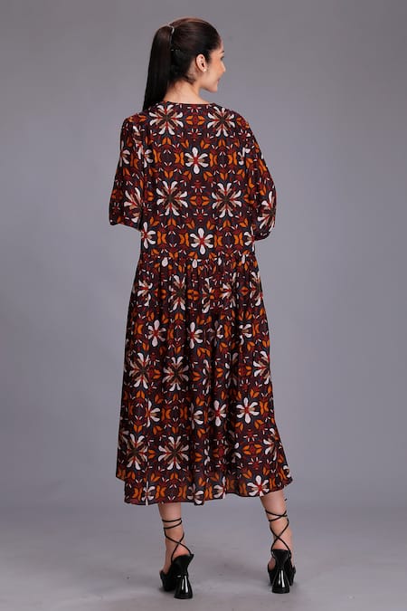 Shop Alpona Designs By Soham Acharya Maroon Cotton Silk Floral V Neck Print Tiered Dress at Aza Fashions Shop_Alpona Designs By Soham Acharya_Maroon Cotton Silk Floral V Neck Print Tiered Dress _at_Aza_Fashions