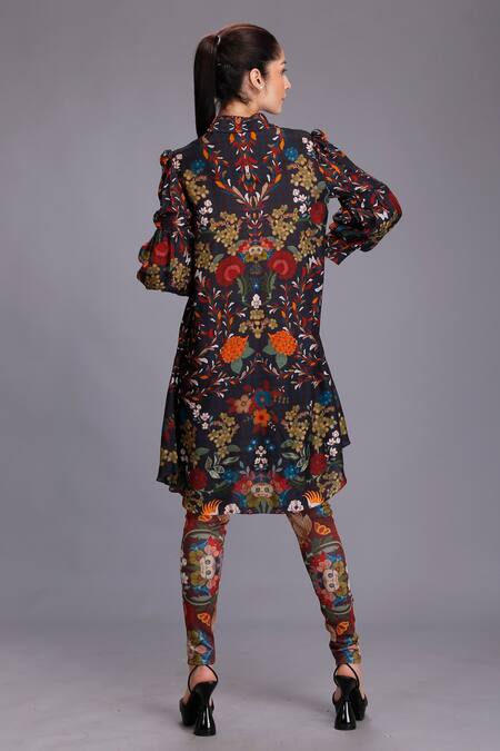 Shop Alpona Designs By Soham Acharya Multi Color Cotton Silk Floral Shirt Collar Print Tunic at Aza Fashions Shop_Alpona Designs By Soham Acharya_Multi Color Cotton Silk Floral Shirt Collar Print Tunic _at_Aza_Fashions