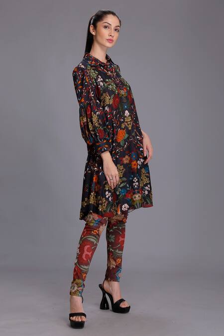 Alpona Designs By Soham Acharya Multi Color Cotton Silk Floral Shirt Collar Print Tunic Online at Aza Fashions Alpona Designs By Soham Acharya_Multi Color Cotton Silk Floral Shirt Collar Print Tunic _Online_at_Aza_Fashions