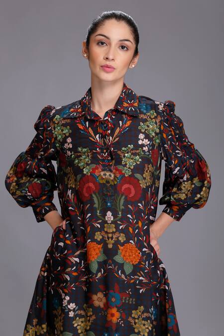 Buy Alpona Designs By Soham Acharya Multi Color Cotton Silk Floral Shirt Collar Print Tunic Online at Aza Fashions Buy_Alpona Designs By Soham Acharya_Multi Color Cotton Silk Floral Shirt Collar Print Tunic _Online_at_Aza_Fashions