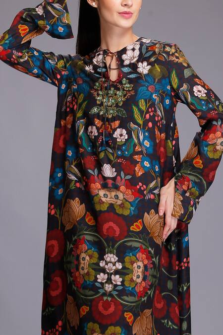 Buy_Alpona Designs By Soham Acharya_Multi Color Cotton Silk Floral Tie-up Print Kurta _Online_at_Aza_Fashions