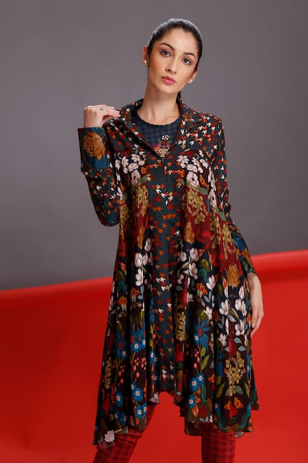 Alpona Designs By Soham Acharya Multi Color Cotton Silk Floral Shirt Collar Printed Dress 