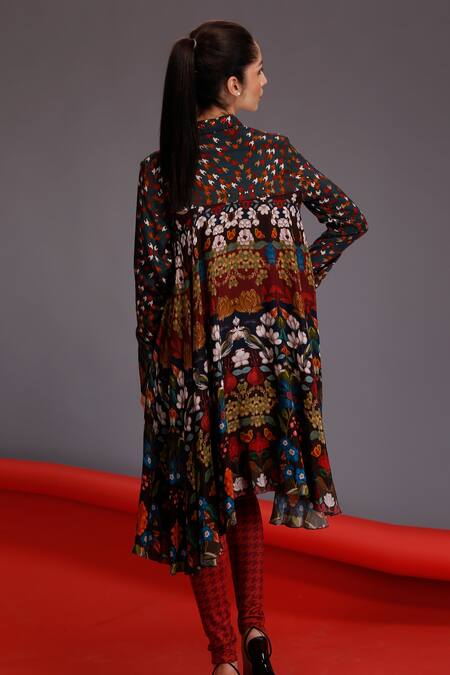 Shop Alpona Designs By Soham Acharya Multi Color Cotton Silk Floral Shirt Collar Printed Dress at Aza Fashions Shop_Alpona Designs By Soham Acharya_Multi Color Cotton Silk Floral Shirt Collar Printed Dress _at_Aza_Fashions