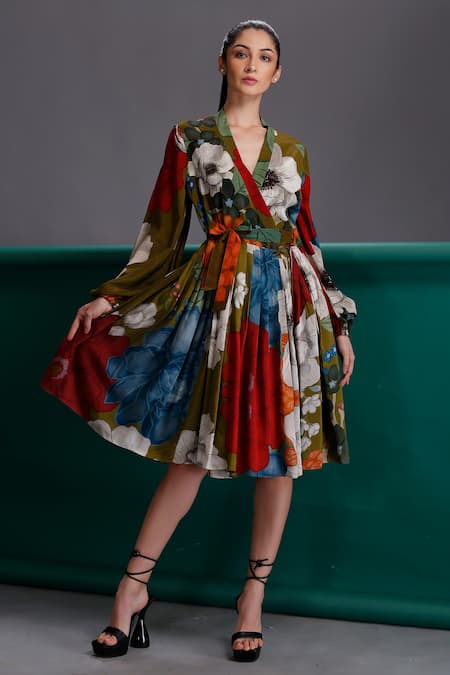 Alpona Designs By Soham Acharya Green Natural Crepe Floral V Neck Print Wrap Dress 