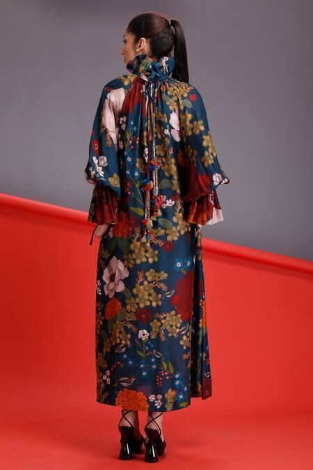 Shop Alpona Designs By Soham Acharya Blue Cotton Silk Floral Ruffle Print Neck Dress at Aza Fashions Shop_Alpona Designs By Soham Acharya_Blue Cotton Silk Floral Ruffle Print Neck Dress _at_Aza_Fashions