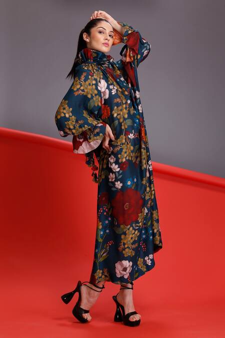 Alpona Designs By Soham Acharya Blue Cotton Silk Floral Ruffle Print Neck Dress Online at Aza Fashions Alpona Designs By Soham Acharya_Blue Cotton Silk Floral Ruffle Print Neck Dress _Online_at_Aza_Fashions