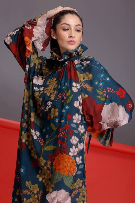 Buy Alpona Designs By Soham Acharya Blue Cotton Silk Floral Ruffle Print Neck Dress Online at Aza Fashions Buy_Alpona Designs By Soham Acharya_Blue Cotton Silk Floral Ruffle Print Neck Dress _Online_at_Aza_Fashions