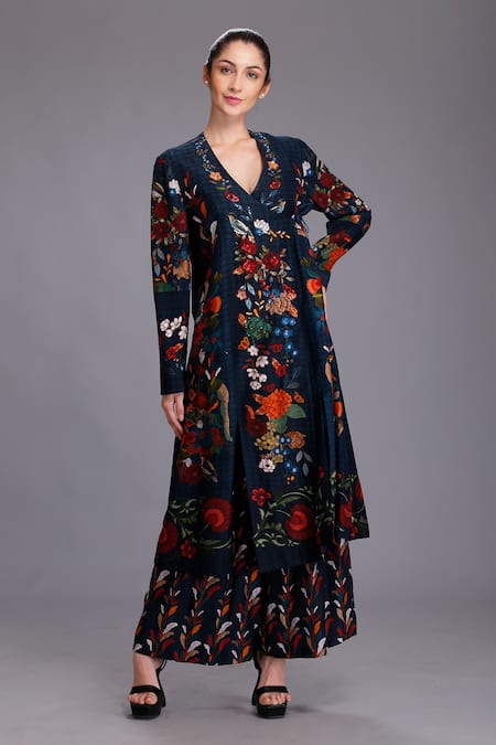 Alpona Designs By Soham Acharya Blue Viscose Dupion Bird, Floral V Neck Printed Dress 