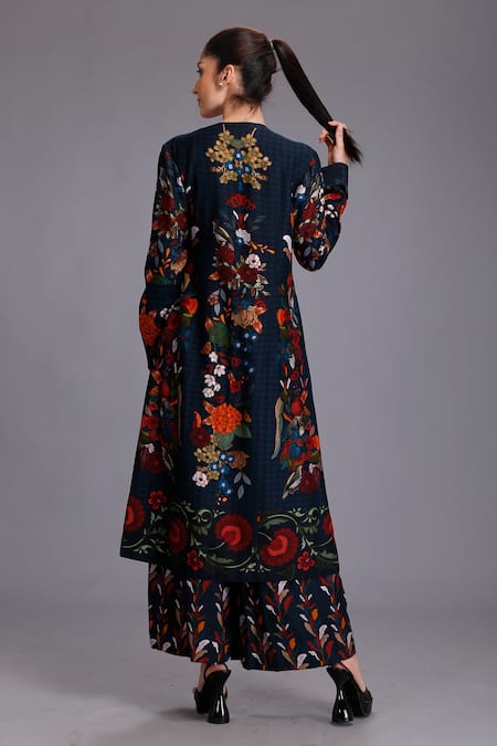 Shop Alpona Designs By Soham Acharya Blue Viscose Dupion Bird, Floral V Neck Printed Dress at Aza Fashions Shop_Alpona Designs By Soham Acharya_Blue Viscose Dupion Bird, Floral V Neck Printed Dress _at_Aza_Fashions