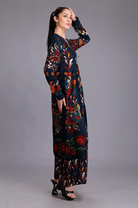 Alpona Designs By Soham Acharya Blue Viscose Dupion Bird, Floral V Neck Printed Dress Online at Aza Fashions Alpona Designs By Soham Acharya_Blue Viscose Dupion Bird, Floral V Neck Printed Dress _Online_at_Aza_Fashions