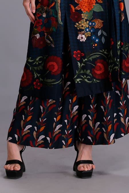 Buy Alpona Designs By Soham Acharya Blue Viscose Dupion Bird, Floral V Neck Printed Dress Online at Aza Fashions Buy_Alpona Designs By Soham Acharya_Blue Viscose Dupion Bird, Floral V Neck Printed Dress _Online_at_Aza_Fashions