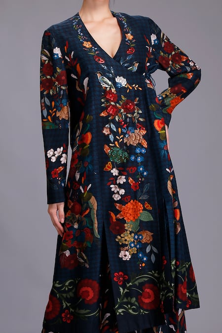 Shop Alpona Designs By Soham Acharya Blue Viscose Dupion Bird, Floral V Neck Printed Dress Online at Aza Fashions Shop_Alpona Designs By Soham Acharya_Blue Viscose Dupion Bird, Floral V Neck Printed Dress _Online_at_Aza_Fashions