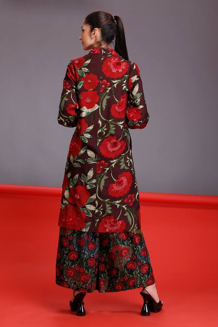 Shop Alpona Designs By Soham Acharya Brown Cotton Silk Floral Shirt Collar Rose Print Dress at Aza Fashions Shop_Alpona Designs By Soham Acharya_Brown Cotton Silk Floral Shirt Collar Rose Print Dress _at_Aza_Fashions